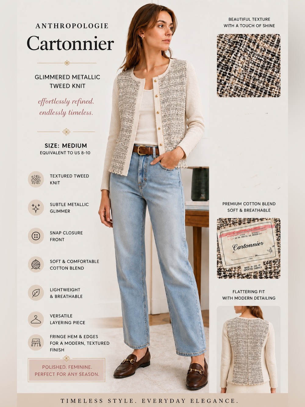 Cartonnier by Anthropologie Textured Tweed Cardigan Quiet Luxury Medium